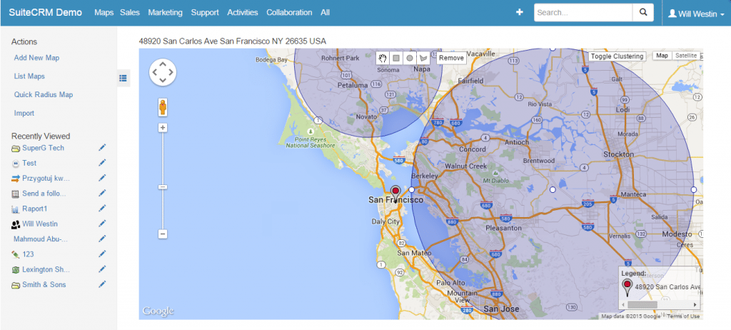 The Maps module allows defining geographic areas  and assigning them to users within the system.